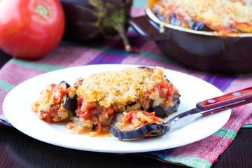 Tasty Italian dish, appetizer with eggplant, cheese and tomato