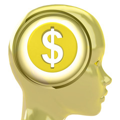 yellow human head with brain cloud with Dollar coin inside