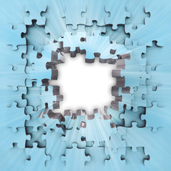 blue puzzle jigsaw blank frame with flare background