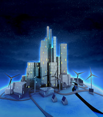 windmills and modern cityscape general night view