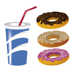 three donuts with drink