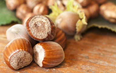 Hazelnuts on a wooden table