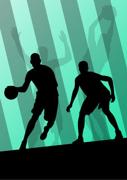 Basketball players active sport silhouettes vector background