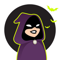 Figure wearing purple hood Halloween cartoon character