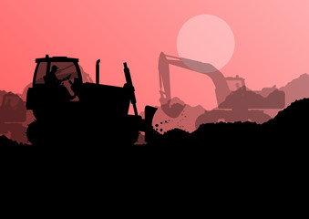 Bulldozer and excavator loader at industrial construction site v