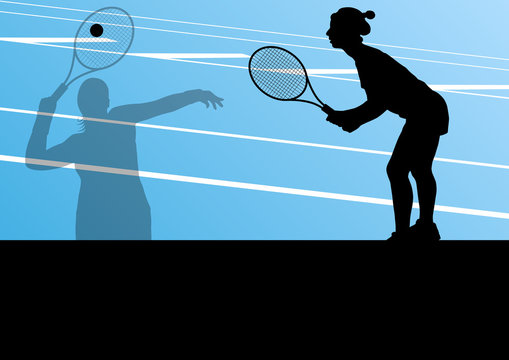 Tennis players active sport silhouettes vector background