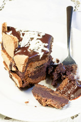 Slice of chocolate cake decorated with white chocolate flakes