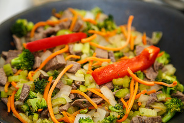 Beef and Vegetable Stir Fry in Wok