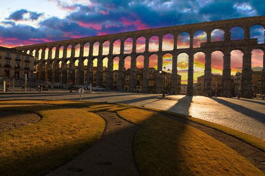 Majestic Sunset Image of the Ancient Aqueduct in Segovia Spain