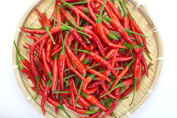 group of red chilies on white background