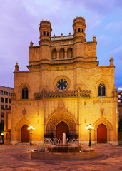 Fototapeta na wymiar Gothic Cathedral at Plaza Mayor in evening. Castellon de la Plan