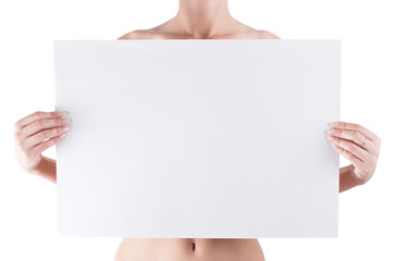 naked woman holding empty white blank board