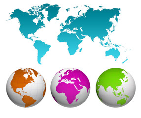 World map with earth globes