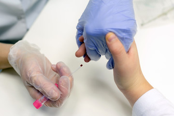 Taking blood from a finger on the analysis