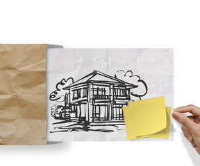 smart project sticky note with house crumpled envelope paper