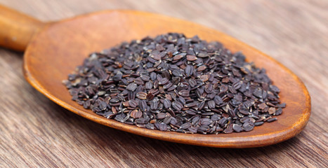 Medicinal basil seeds on wooden spoon