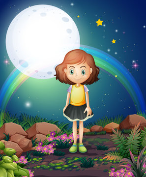 A girl standing outdoor under the bright fullmoon