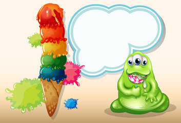A fat monster eating a spiral lollipop near the giant icecream