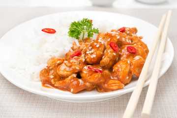 chicken fillet in tomato sauce with sesame seeds, chili and rice