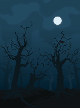 Halloween design background with spooky graveyard, naked trees, 