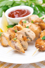 skewers of chicken with lemon, parsley and tomato sauce