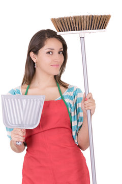 Young smiling cleaning woman. Isolated over white background.