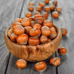 Hazelnuts in a wooden bowl