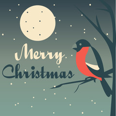 Christmas vector illustration - bullfinch sitting on a tree