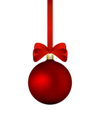 Red christmas bauble with red ribbon isolated