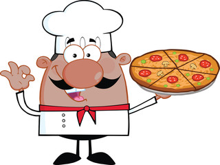 Cute African American Chef Cartoon Character Holding A Pizza Pie