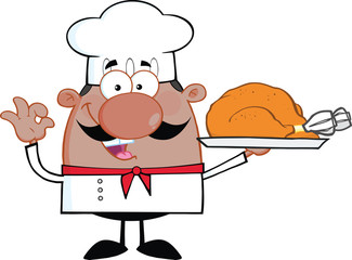 African American Chef Character Holding Whole Roast Turkey