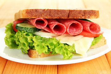 Tasty sandwich with salami sausage and vegetables