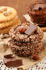 Homemade cookies with sesame seeds, chocolate,