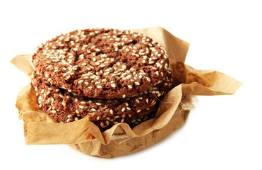 Homemade cookies with sesame seeds, isolated on white