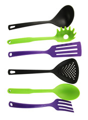 Plastic kitchen utensils isolated on white