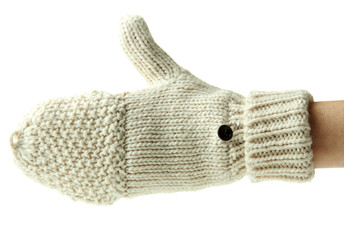 Hand in wool mitten, isolated on white