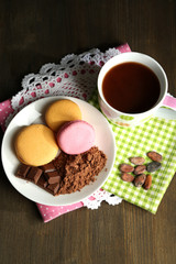 Cocoa in cup with sweets and cocoa powder