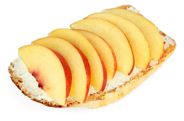 Delicious toast with peaches isolated on white