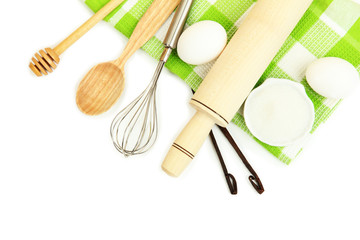 Cooking concept. Basic baking ingredients and kitchen tools