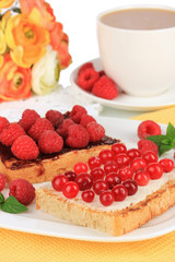 Delicious toast with berries on table close-up