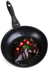 Raw liver in pan isolated on white