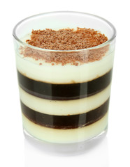 Tasty jelly coffee with milk isolated on white