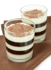 Tasty jelly coffee with milk on table on white background