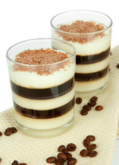 Tasty jelly coffee with milk on table on white background