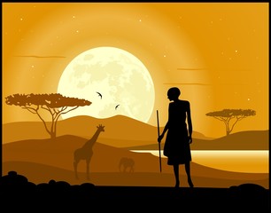 African hunter, animal silhouettes and moon rise
