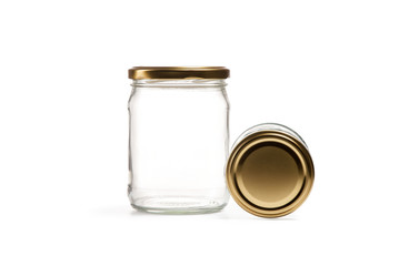 Empty glass jar over white background