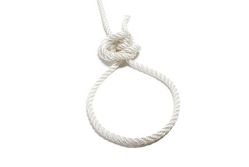 Strong nylon rope with a knot isolated on white
