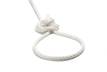 Strong nylon rope with a knot isolated on white