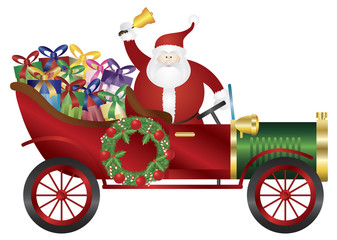 Santa Claus on Vintage Car Delivering Presents Illustration