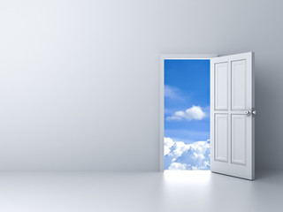 Opened door to blue sky with empty white wall background